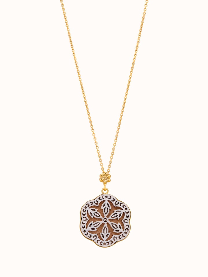 Front view of Teakwood Pendant and Chain highlighting its natural wood grain and polished finish