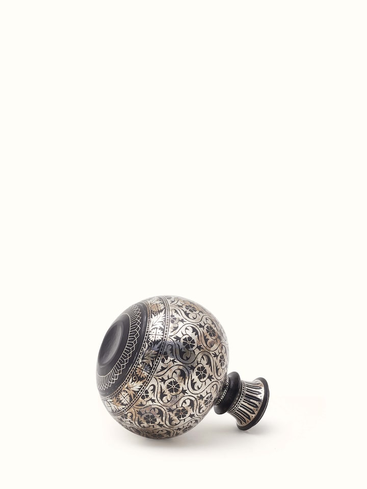 Back view of Bidri Zinc & Silver Hukkah Base Vase revealing smooth contours and craftsmanship.