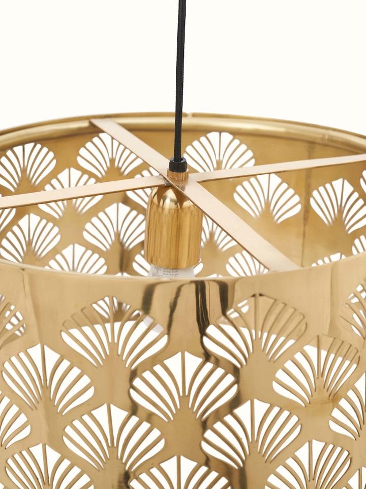 Angled view of Nakash Brass Pendant Light displaying its elegant shape and detailed brass finish.
