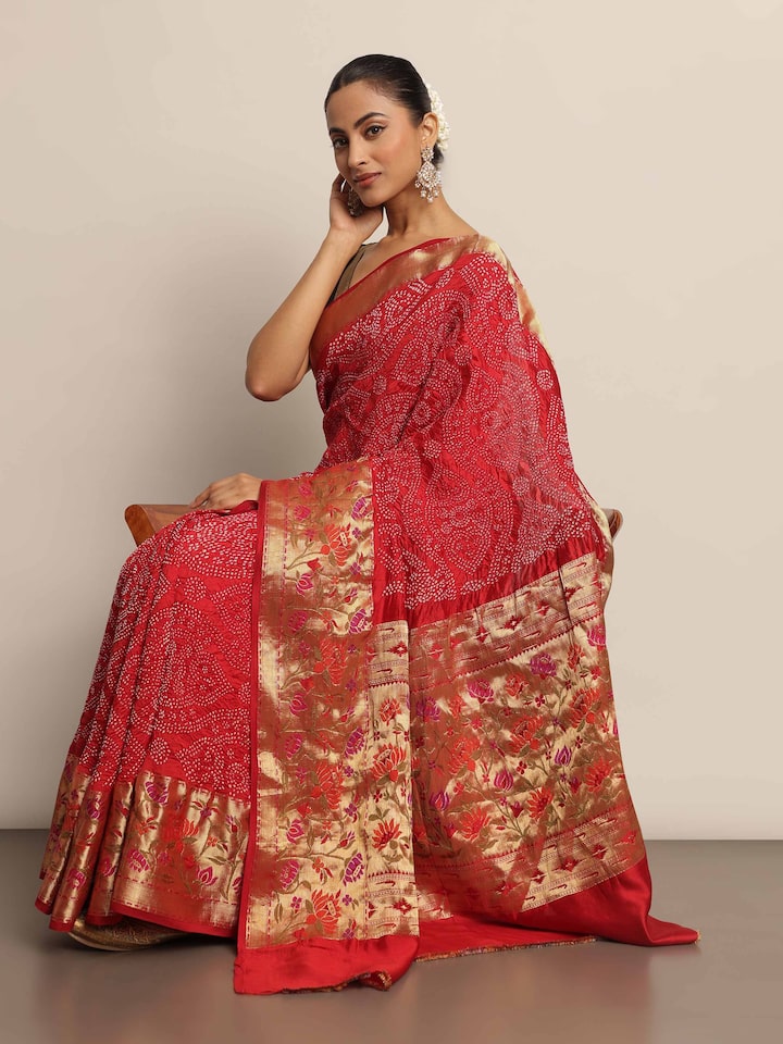 Red Georgette Bandhani Tie & Dye Saree