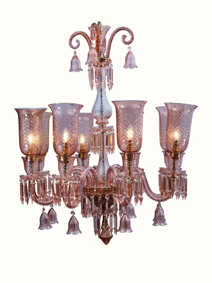 Angled view of Pink Glass Chandelier displaying its overall design and elegance.