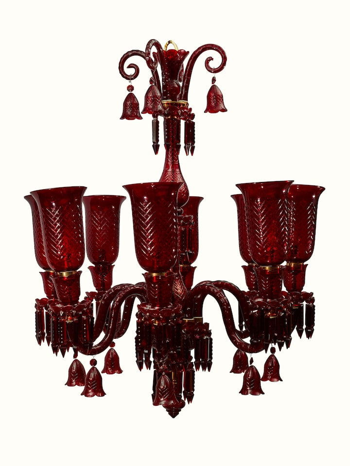 Alternate view of Glass Red Chandelier showcasing its red glass details and overall structure.