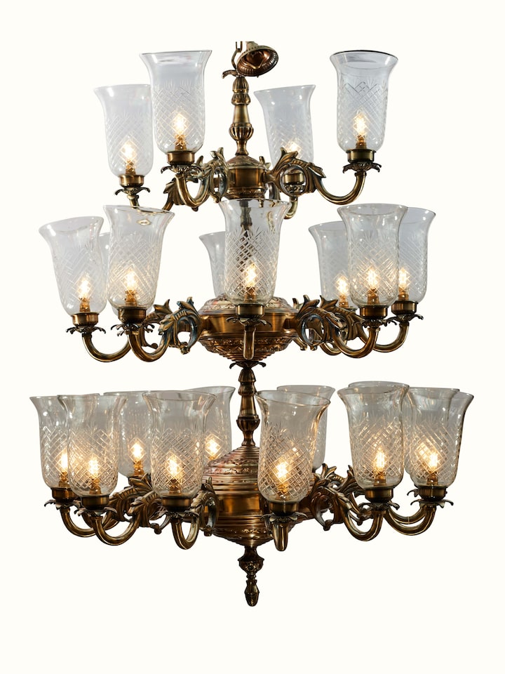Detail view of Glass Work Brass Chandelier focusing on the intricate glasswork and brass finish.