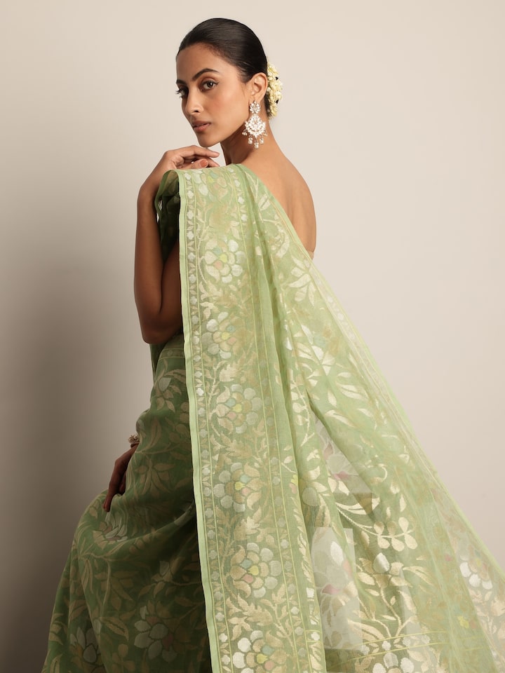 Light Green Cotton Awadh Jamdani Saree