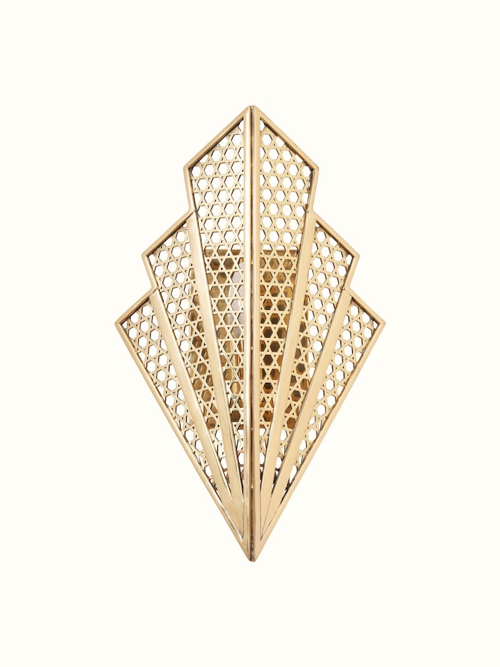 Front view of Nakash Brass Galaxy Triangular Wall Light highlighting its unique geometric design and brass finish.