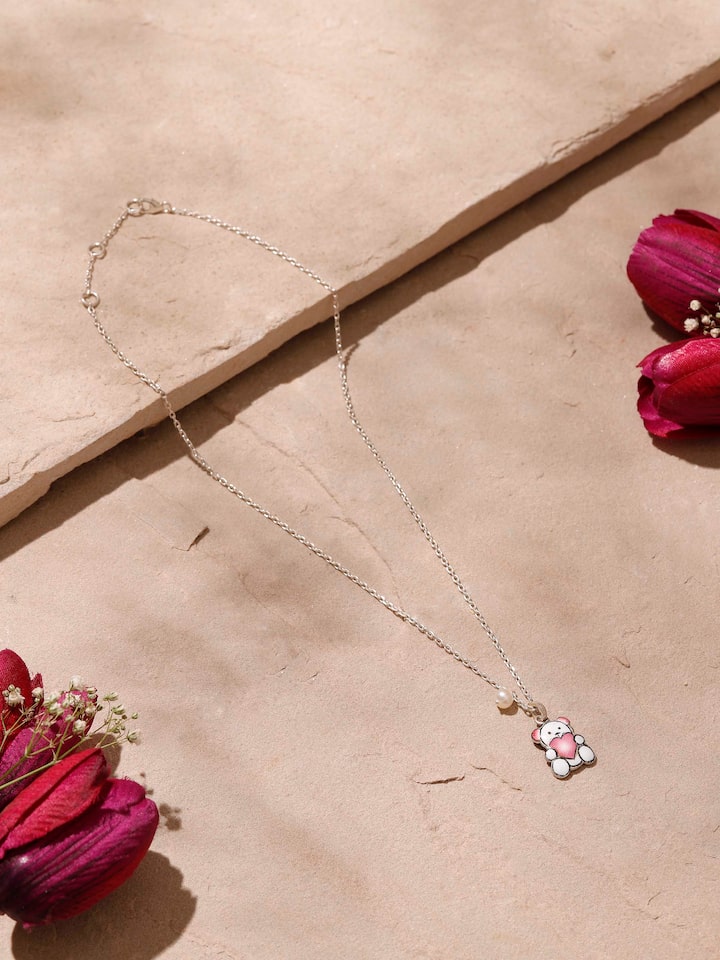 Top angle highlighting craftsmanship of Gulabi Meenakari silver pendant and chain