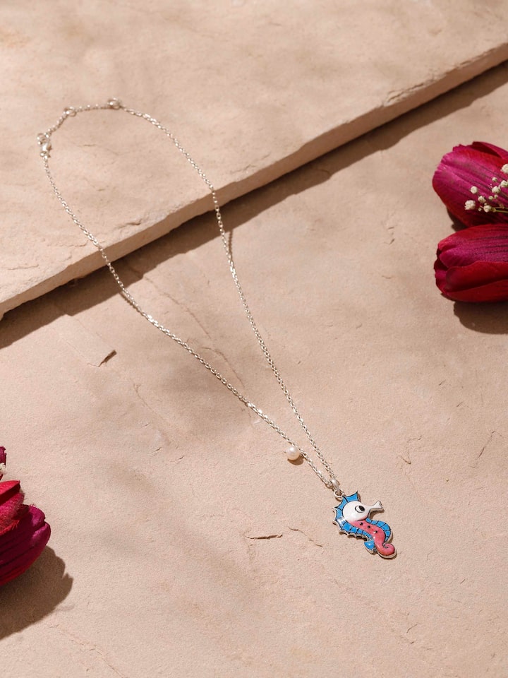 Close-up of Gulabi Meenakari Silver Pendant & Chain by Swadesh focusing on colorful meenakari design and silver pendant details