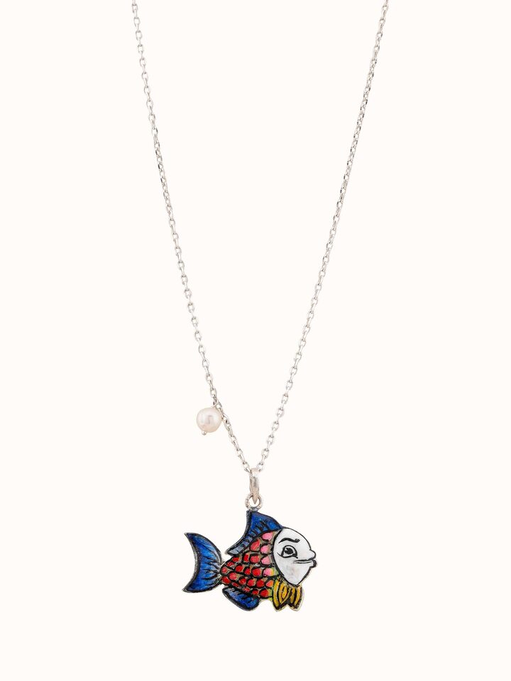 Front view of Gulabi Meenakari silver pendant and chain highlighting its vibrant enamel work and delicate silver form