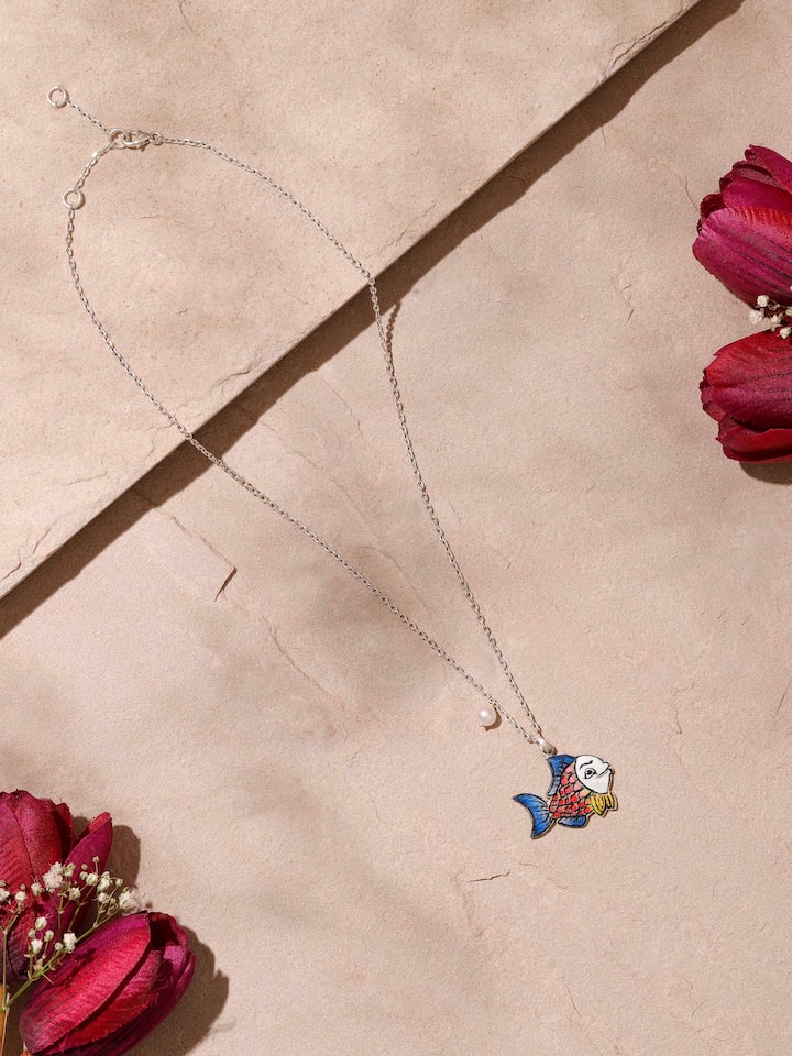 Side view of Gulabi Meenakari silver pendant and chain showcasing floral motifs and elegant craftsmanship
