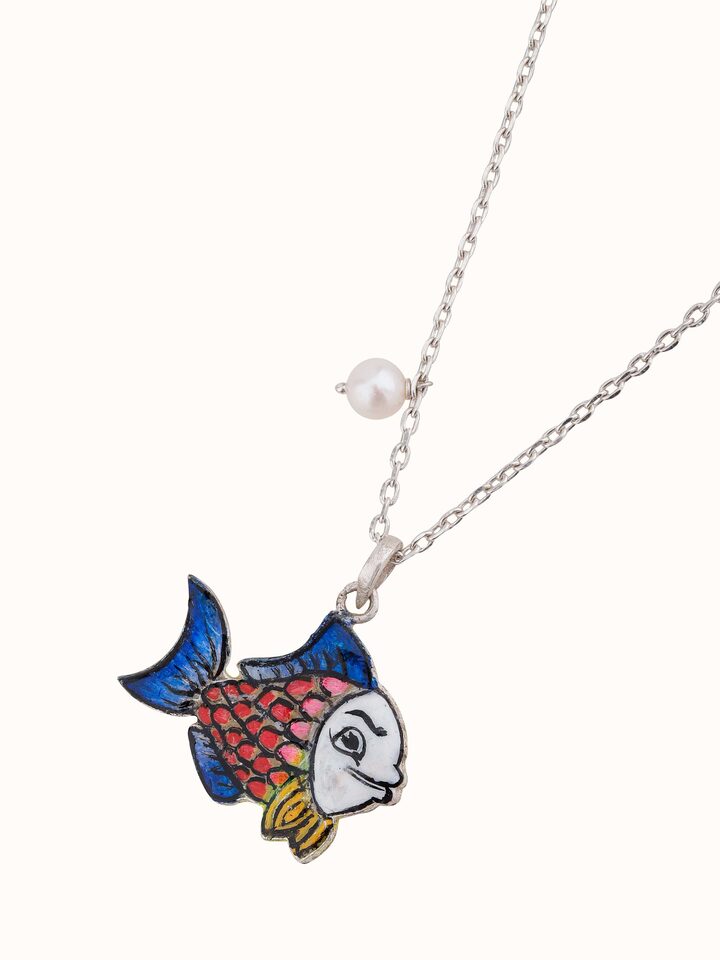 Overhead view of Gulabi Meenakari silver pendant and chain presenting symmetrical layout and vivid enamel detailing