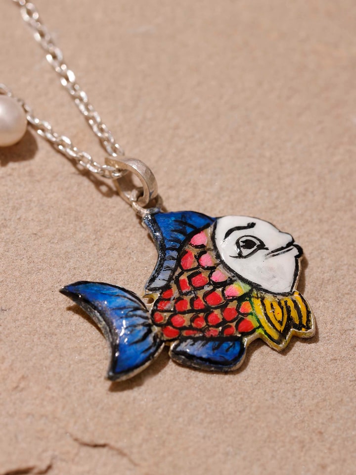 Detailed view of Gulabi Meenakari silver pendant and chain emphasizing fine hand-painted artistry and polished finish