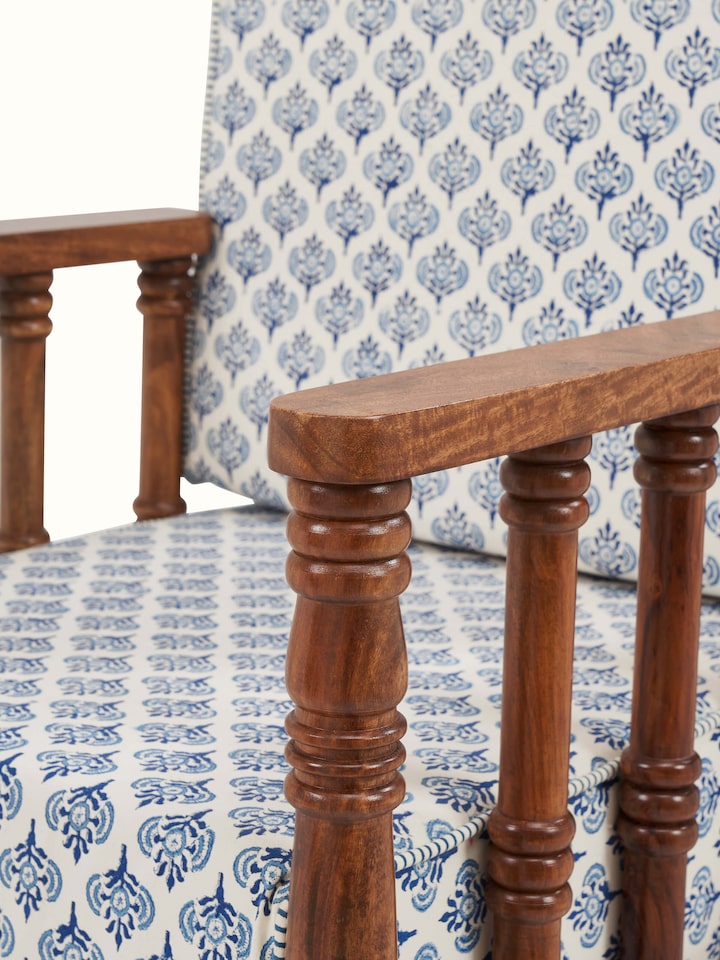 detail view of upholstered sheesham wood arm chair upholstery