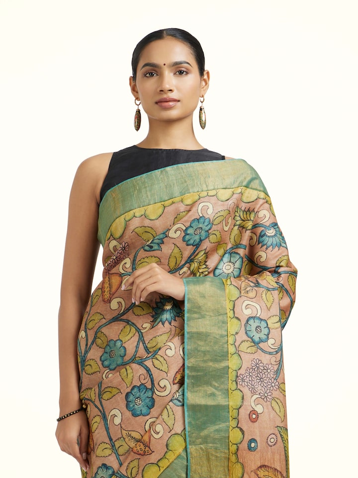 Close-up view of Tussar Silk Kalamkari Saree highlighting the handwoven motif and texture