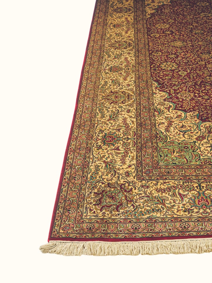 Traditional Persian Red Ivory Kashan Kashmir Silk Hand-Knotted Carpet