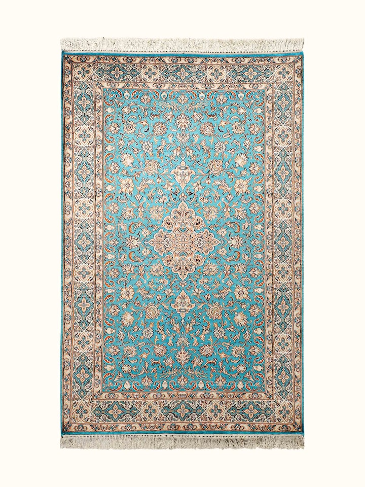 Front view of the Swadesh Traditional Persian Turquoise Medallion Kashmir Silk Hand-Knotted Carpet