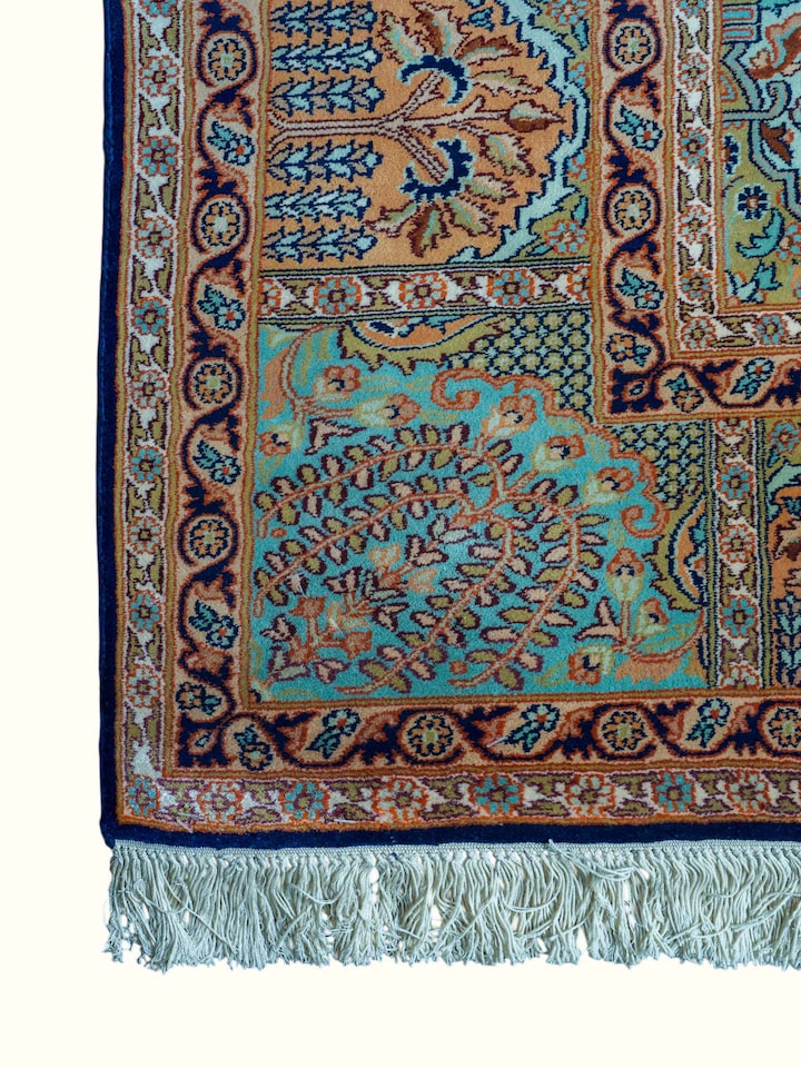 Top view of the Traditional Persian Rust Hamadan Kashmir Silk Hand-Knotted Carpet