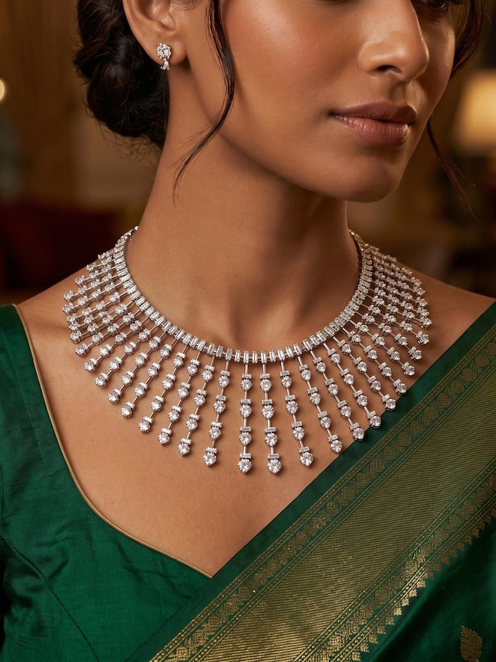 Styled view of Open Setting 14 Karat White Gold and Diamond Collar Necklace worn around the neck, showing how it looks styled, from a different angle
