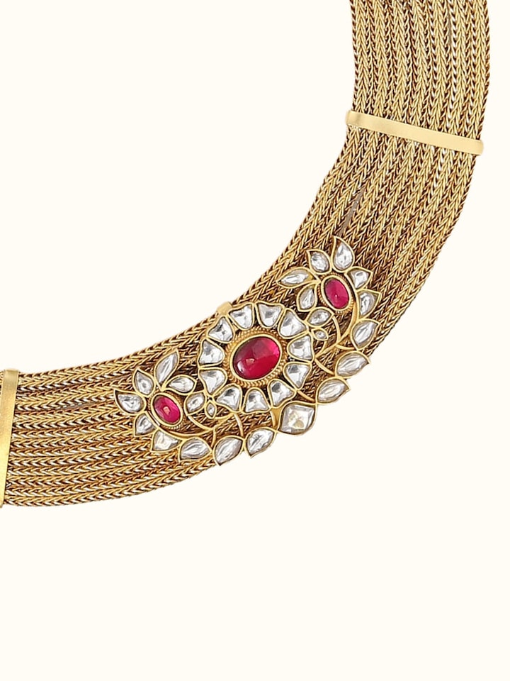Detail view of Silver Smithing Collar Necklace highlighting the stone setting and metalwork detail, from a different angle