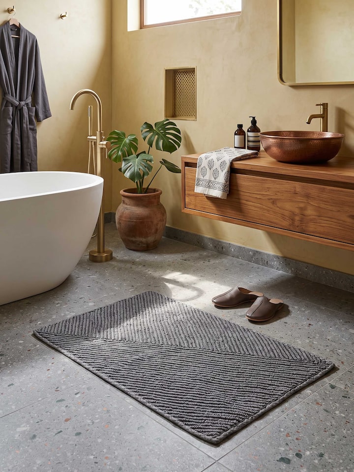 Nityam Diagonal Stripes Dark Grey Bath Mat