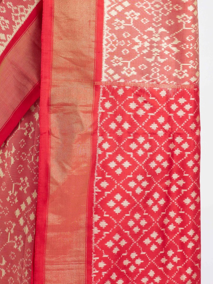 Draped detail view of the Red Mulberry Silk Pochampally Ikat Handloom Saree