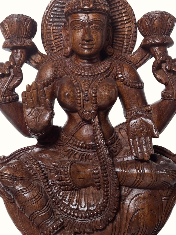 Rear detail view of the Wood Carved Lakshmi Devi Idol