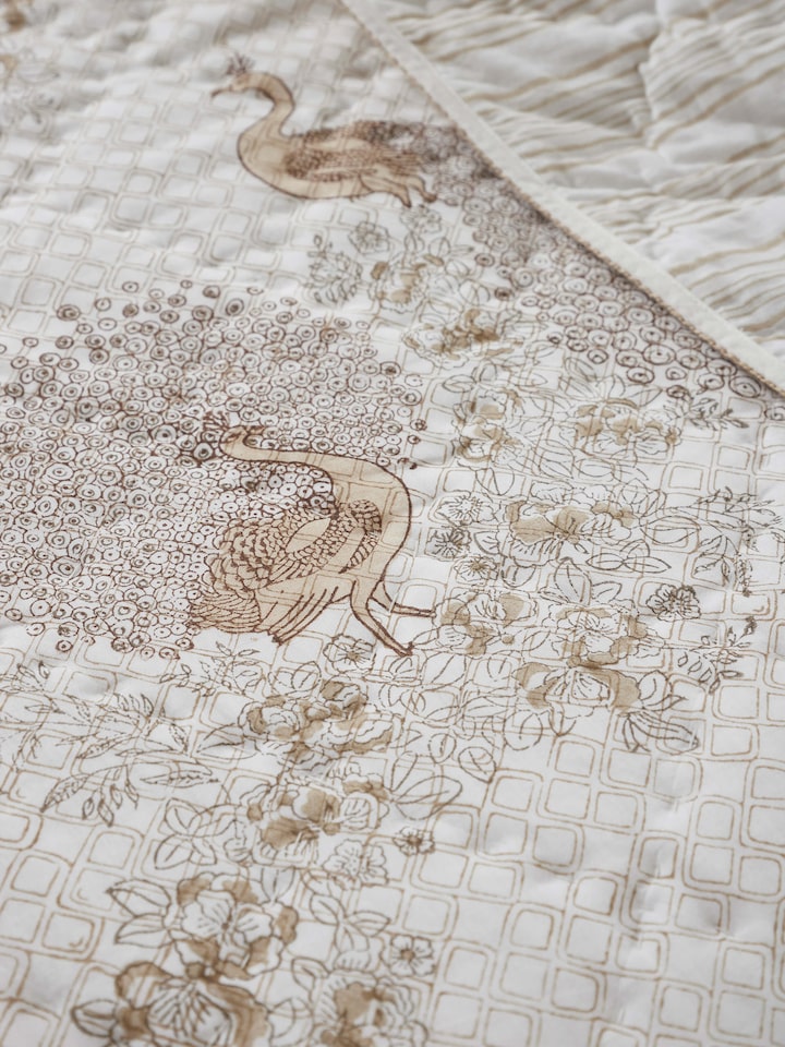 Full view of Shivranjini beige floral cotton Sanganeri block printed double quilt