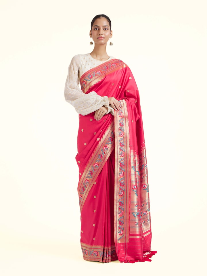 Front view of Aadhya silk Paithani saree showcasing traditional woven motifs