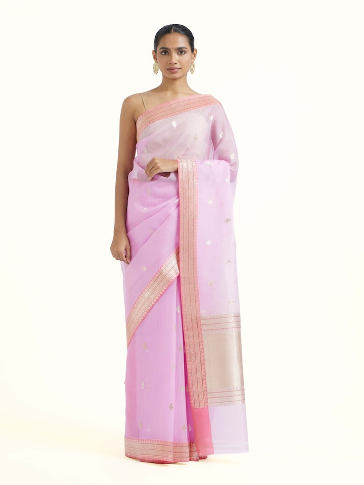 front view of pink banarasi kadhwa silk saree with intricate weave
