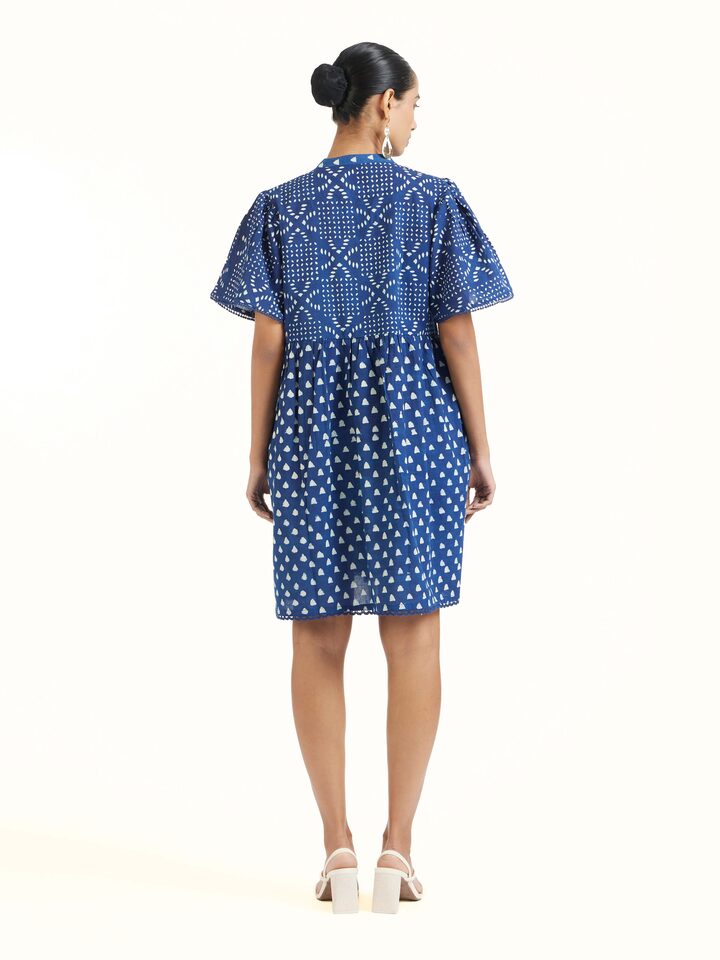 Back view of Aarnika cotton dabu block printed dress displaying complete design