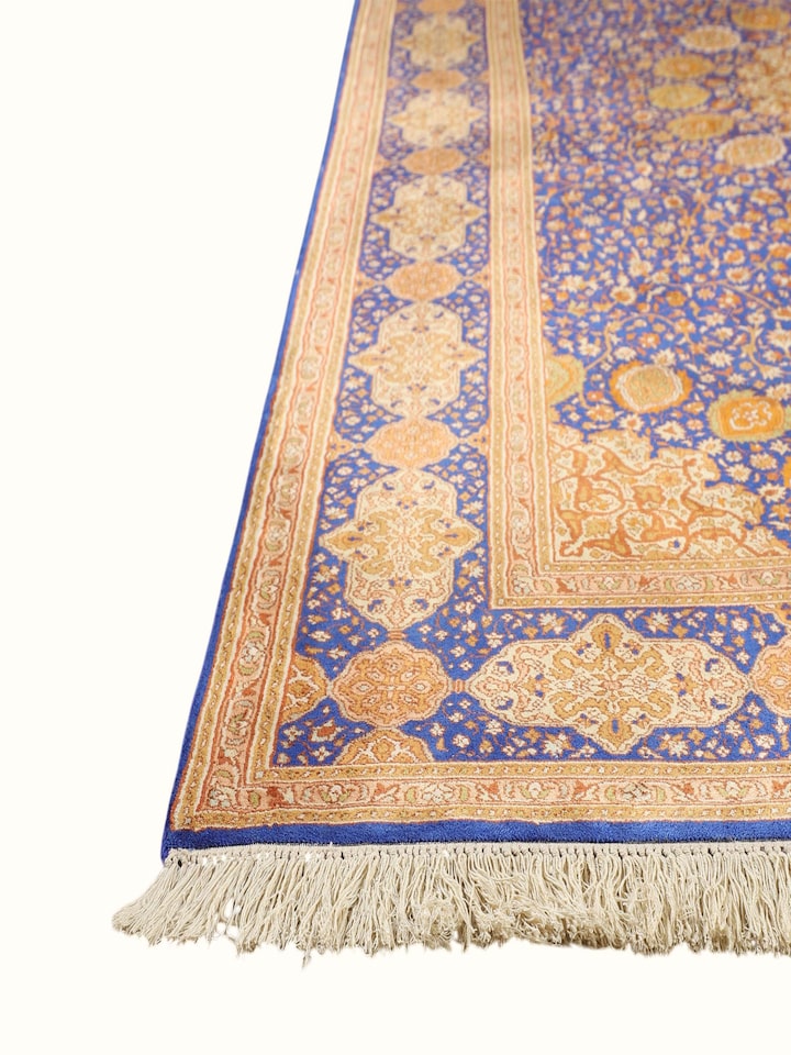 Top view of the Traditional Persian Royal Blue Rust Ardabil Kashmir Silk Hand-Knotted Carpet