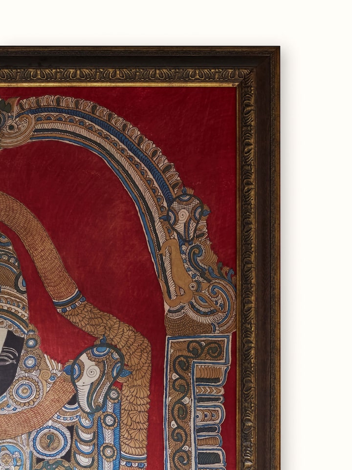 Side view of Kalamkari Balaji wall art showcasing the artwork's rich texture