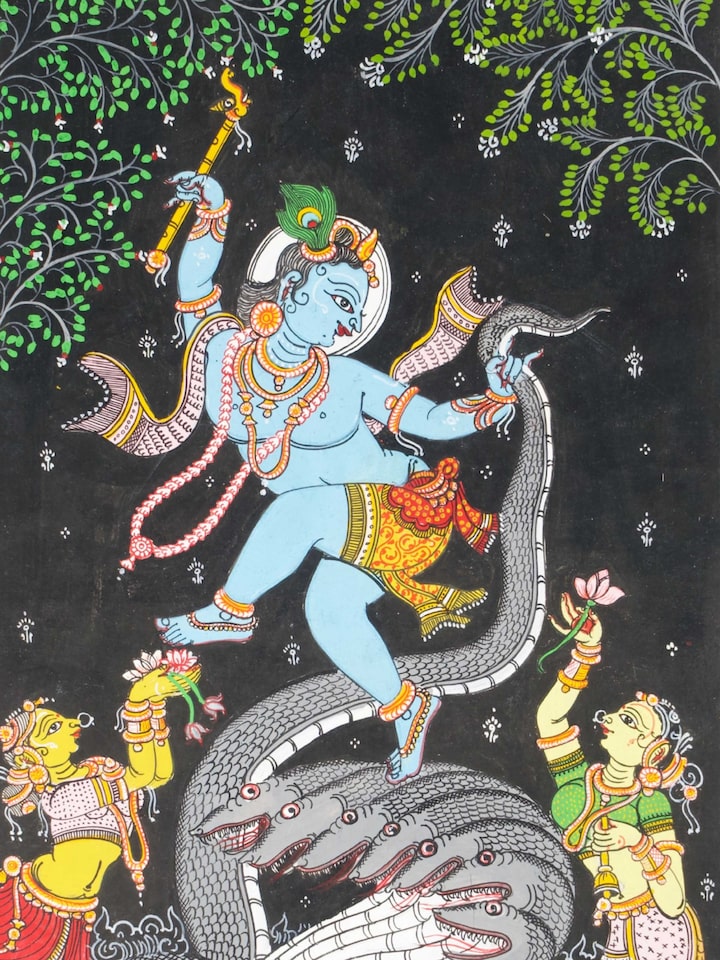 Detail view of the Krishna Kaliyadalan Patachitra Painting
