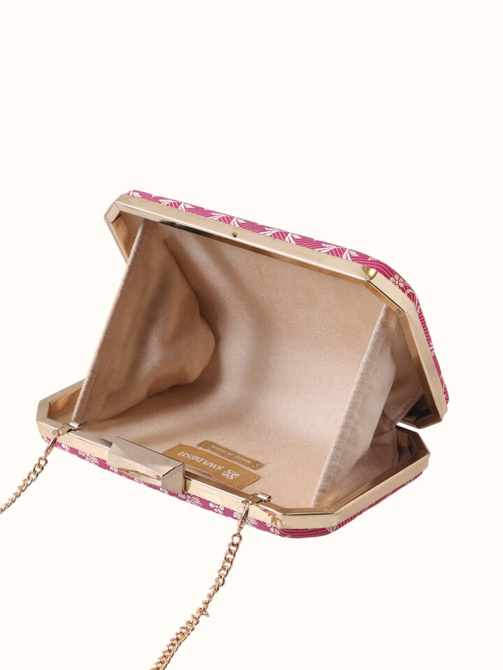 Overview of Pink Banarasi Silk Clutch showing the complete bag