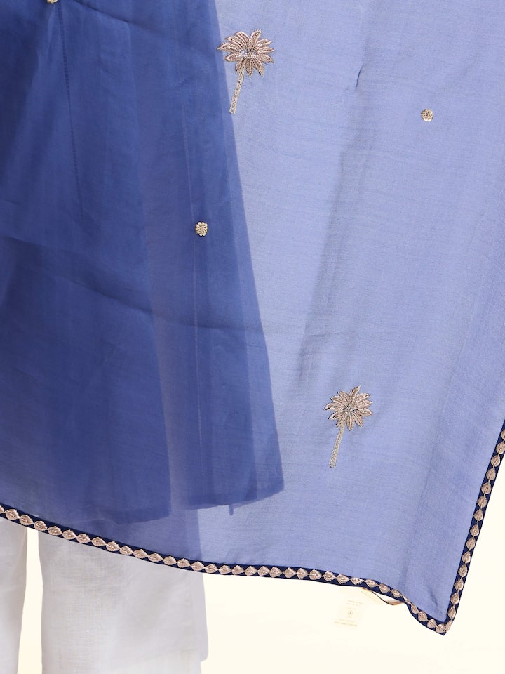 Detailed view of Sapphire Zardozi Hand Embroidered Dupatta focusing on the fine craftsmanship and texture