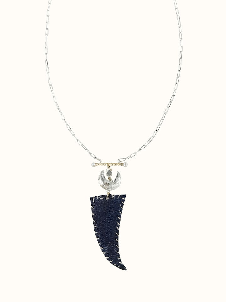 Kutch Leather Silver Long Necklace