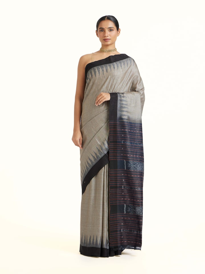 Front view of Green Tussar Silk Odisha Ikat Saree showcasing its traditional craftsmanship and design