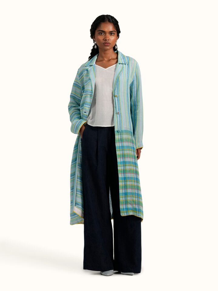 Side view of the Blue Linen Handloom Ethnic Jacket