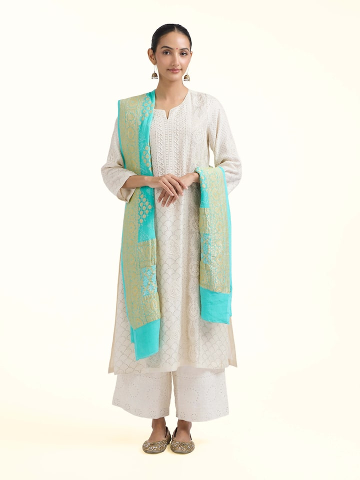 Front view of Turquoise Bandhani Tie & Dye Dupatta showcasing its traditional craftsmanship and design