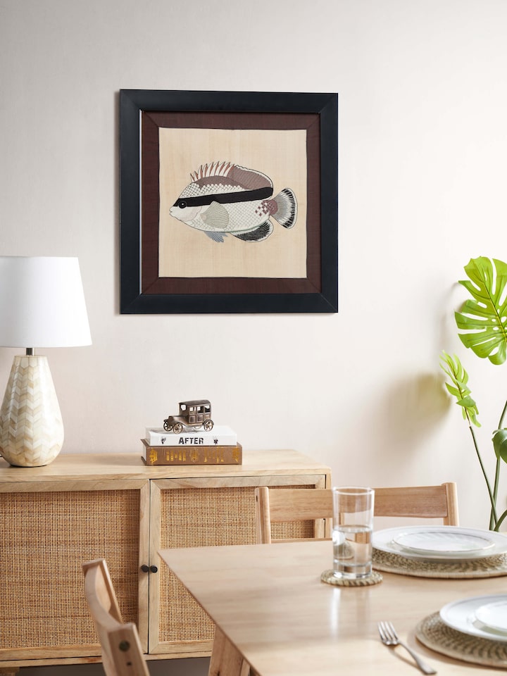 Side view of Aari embroidery Bandit Angelfish wall art emphasizing the detailed stitching and design.