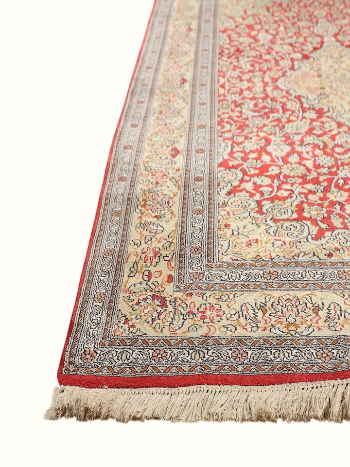 Top view of the Traditional Persian Navy Ochre Tabriz Kashmir Silk Hand-Knotted Carpet