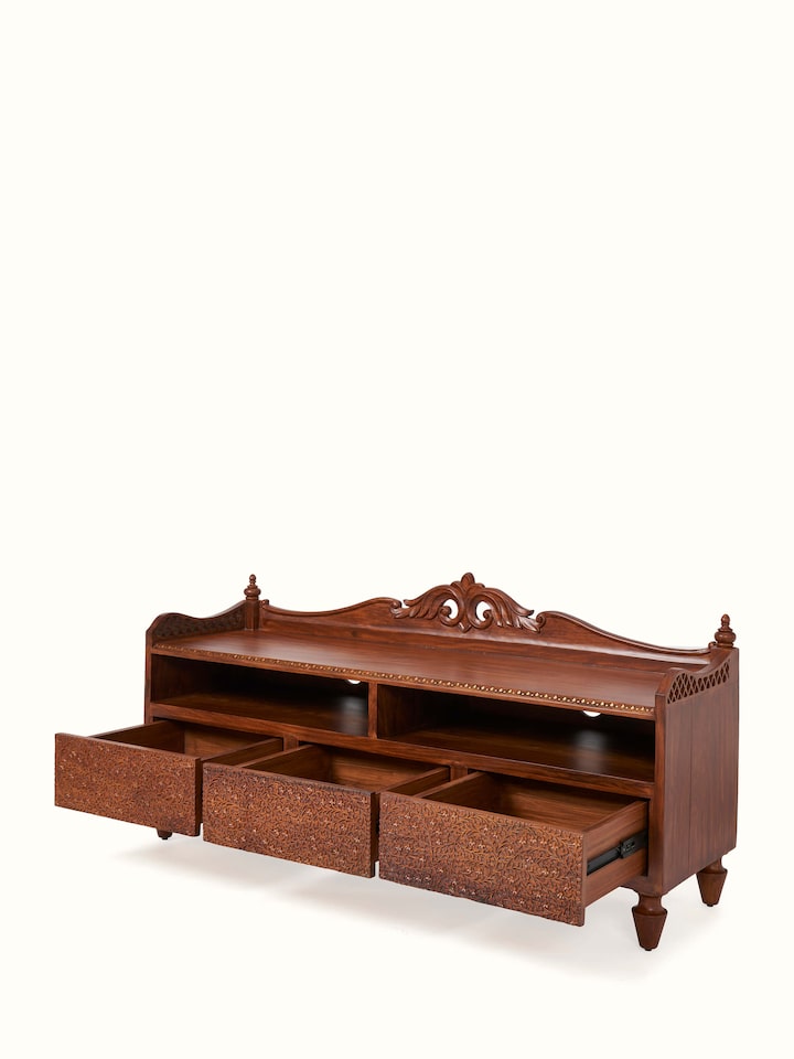 Front view of Carved Sheesham Wood Entertainment Unit showing the front design and silhouette, from a different angle