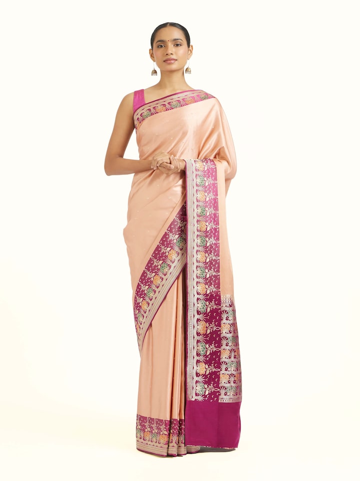 Front view of White Silk Banarasi Saree showing the full drape and pallu design