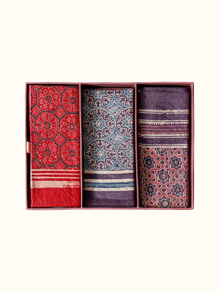 top view of assorted silk ajrakh block printed pocket squares gift set