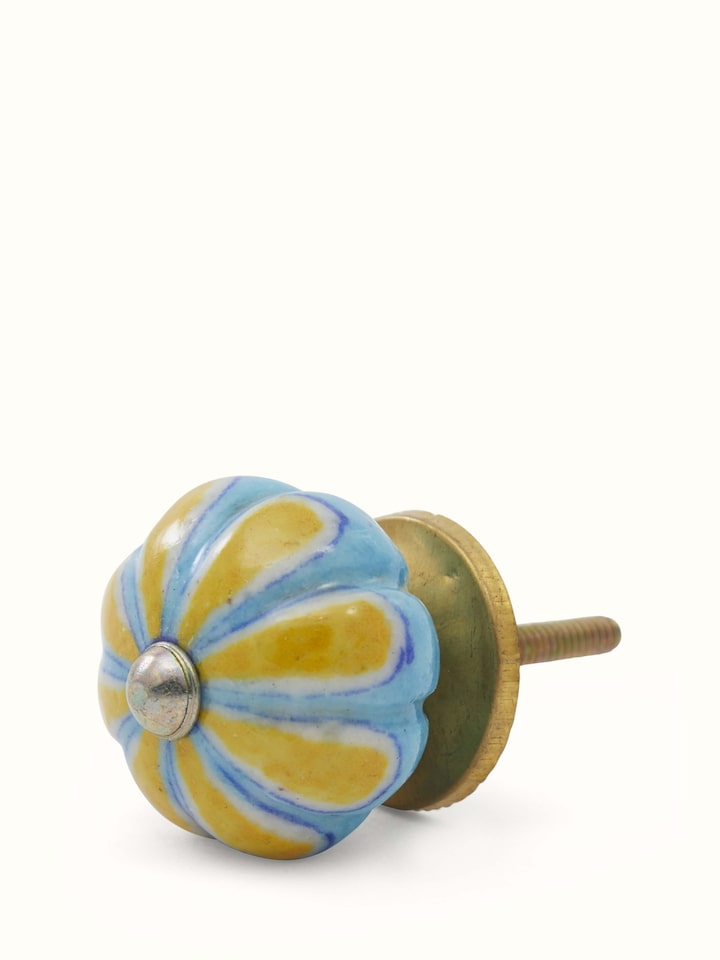 Angled view of Blue Pottery Round Rib Door Knob Set