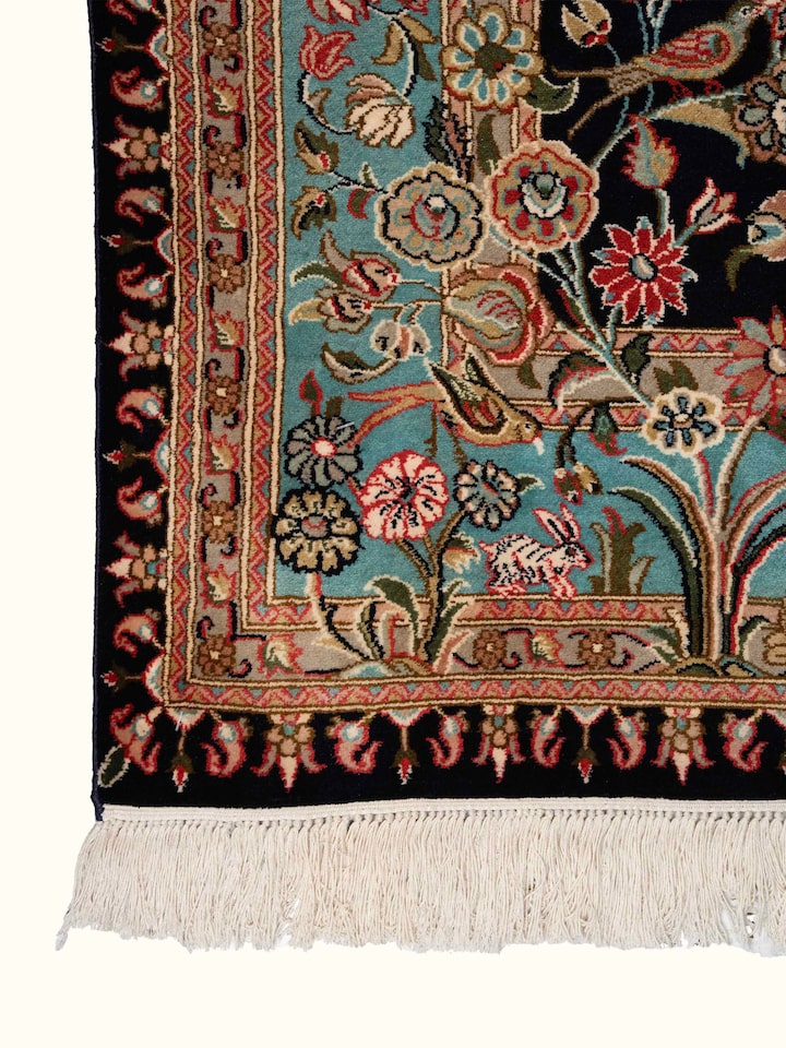 Detail view of Traditional Persian Navy Floral Allover Kashmir Silk Hand-Knotted Carpet highlighting the intricate pattern and pile texture