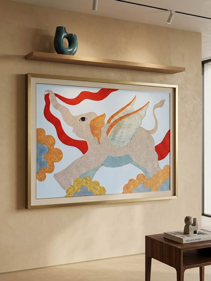 Styled view of A Flight Of Strength Gond Art displayed against a styled backdrop