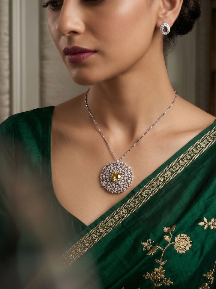 Styled view of Silver Smithing Pendant & Chain worn around the neck, showing how it looks styled