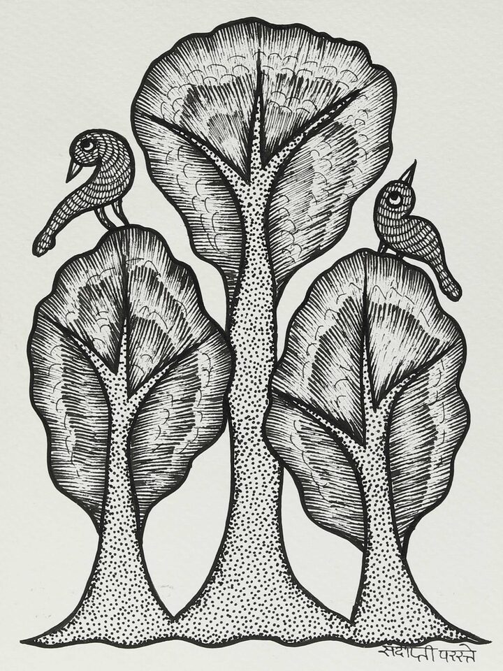 Detail view of the Silent Perch Gond Art