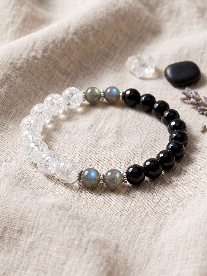 Styled view of Gemstone Black Onyx, Labradorite & Crystal Bead Silver Bracelet worn on the wrist, showing how it looks styled, from a different angle