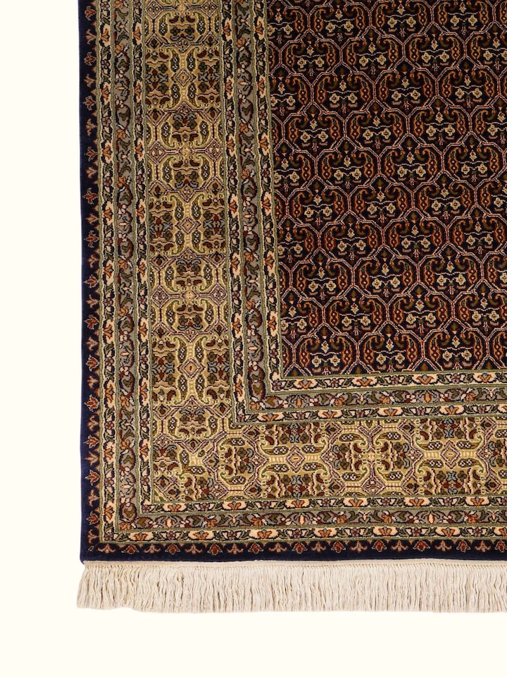 Close-up of the Traditional Persian Navy Ivory Senneh Kashmir Silk Hand-Knotted Carpet